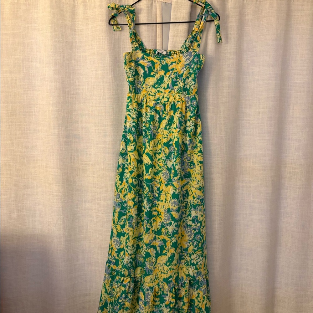 THML Green and Yellow Smocked Maxi Dress